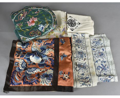 A pair of Chinese Peking knot sleeve rolls, with embroidered bat and sword and shield design, a Chinese embroidered summer we