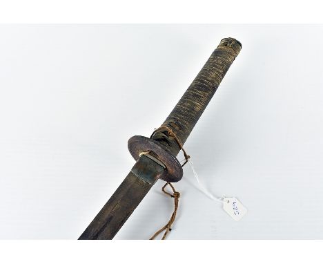 A WWII period Katana, having Maru Gata round Tsuba, with unmarked curved blade, with wooden scabbard, blade approx 74cm L, AF