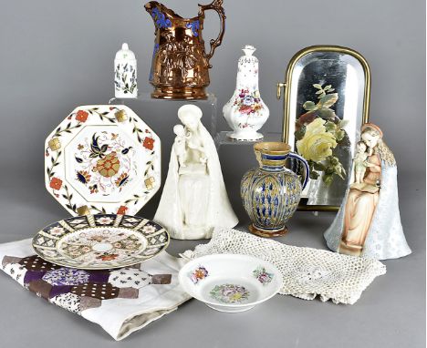 A quantity of British and European ceramics, including two copper lustre jugs, two German figures of Madonna and child, misce