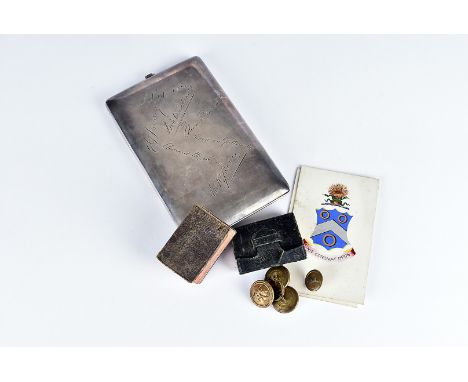A WWI silver plated cigarette case, having stamped initials and date 'B.E.F. 1915-1916', with engraved signatures to front, i