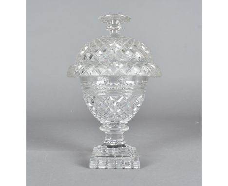 A 19th Century cut glass bon bon dish and cover, of urn shape with all over hobnail cut design with knop and mushroom finial 