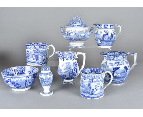 A collection of early 19th Century blue and white transfer printed English pottery, including a Spode sauce tureen and cover 