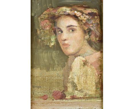 Mersad Berber (1940-2012) Bosnian, oil on canvas, portrait study young girl with flowers, framed and glazed, 30 cm x 20 cmThe