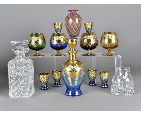 A set of six bohemian coloured harlequin glasses, with matching decanter together with a spiral blown vase etc