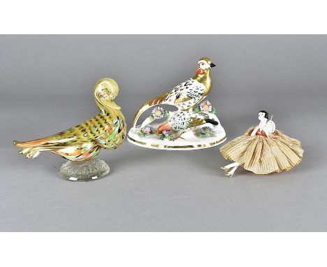 A 19th Century porcelain Staffordshire figure, modelled as cock and hen pheasant, painted in colours heightened in gilt, an a