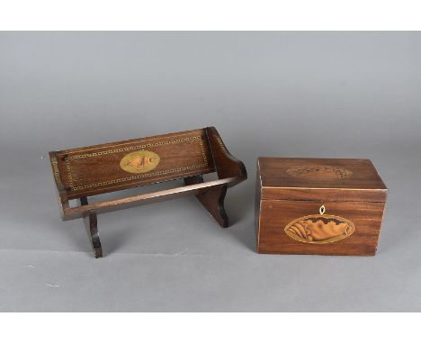 A 19th Century mahogany inlaid tea caddy, with oval inlay of shell design, 19.5 cm x 12.5 cm high x 11 cm deep together with 