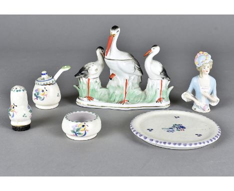 A continental porcelain cruet set, modelled as cranes including mustard, salt and pepper together with a Carter Stabler Adams