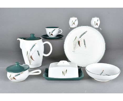 A collection of Denby Green Wheat dinner and teaware, including handled crock pots and covers, coffee pots, tureens, salt and