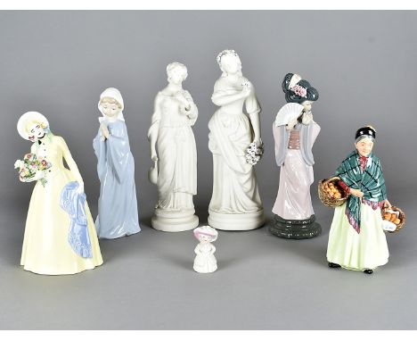 A Lladro figure of a Japanese fan dancer, a Nao figure of a praying young girl, a Wade pearly queen, a Royal Doulton The Oran