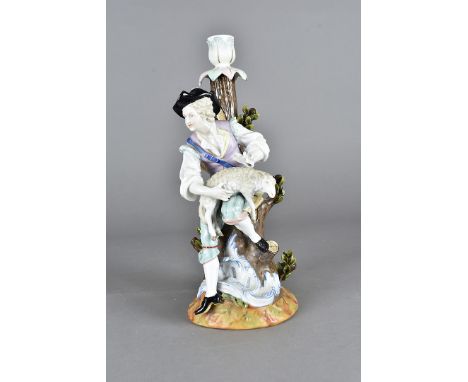 A 19th Century Augustus Rex figural candlestick base, modelled as a shepherd shearing sheep, replacement top, 32 cm high, und