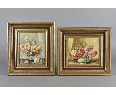 Owen Bowen, ROI, 20th Century, still life on board, two examples, both floral, 14.5 cm x 12 cm and 12 cm x 14.5 cm, signed, b
