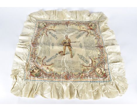 A Boer War silk cushion cover, circa 1900, entitled 'The Absent Minded Beggar' with printed signature of artist R. Caton Wood