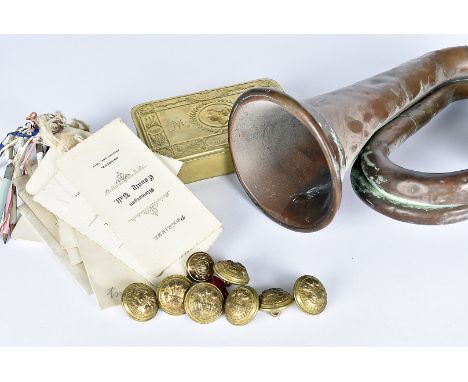 A WWI Christmas tin, complete with card, tobacco and cigarettes, together with a small collection of Royal Welch Fusiler butt