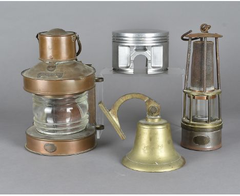 A continental carriage heater, by ARRAS with Bacaraat glass sleeve, an aeroplane piston head, a brass bell and a master head 