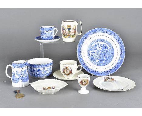 A set of six willow pattern bell china coffee cans and saucers, with sugar bowl and milk, side plates and bread and butter pl