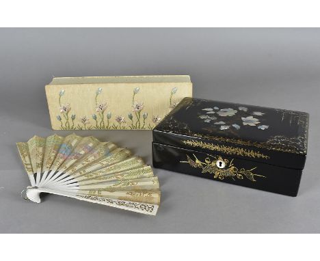 Five early 19th Century paper, bone and tissue fans, and a collection of ivorine and bone fans together with a papier mache a