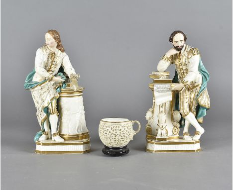 A pair of 19th Century Staffordshire porcelain figures, modelled as Shakespeare and Milton, each figure standing leaning on a