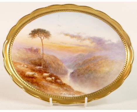 Hand painted oval gilded dish by Milwyn Holloway, of sheep in highland, L22.5cm. Milwyn Holloway worked at Royal Worcester du