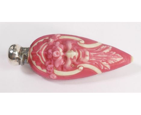 A Stevens and Williams scent bottle, circa 1885, in opaque white glass overlaid with translucent pink, the flattened tear sha