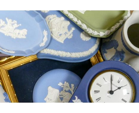 A Collection of multicolour Wedgwood Jasperware items including - light blue on lilac vases, light blue on white fruit bowl, 