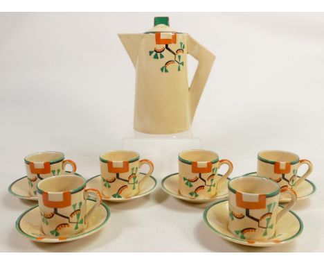 Clarice Cliff Newport pottery coffee set in the Ravel design, comprising coffee pot and 6 coffee cans and saucers. Hairline c