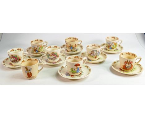 Royal Doulton Bunnykins unmatched Casino shaped cups & saucers, four Barbara Vernon sets noted. (8) 