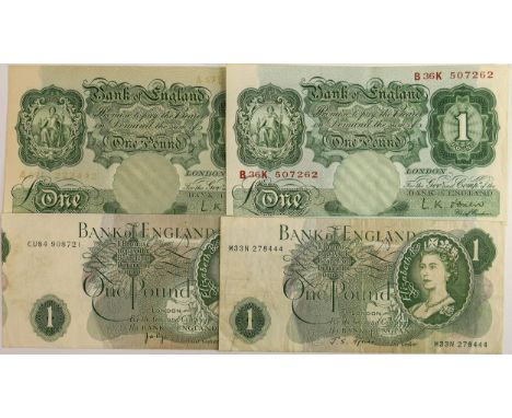 Bank of England notes, A collection of One pound notes comprising two L K O Brien 1940s notes in very good condition and late