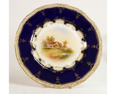Royal Worcester hand painted cottage scene plate signed R Rushton &amp; H Davis, blue backstamp, diameter 27cm. 