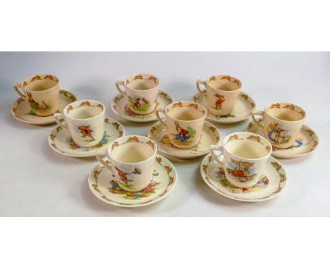Royal Doulton Bunnykins matched cup &amp; saucers sets, two signed Barbara Vernon pieces noted (8 sets) 