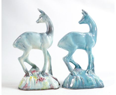 Beswick blue gloss model of a deer on rock 696 &amp; similar with pink &amp; yellow highlights. (2) 