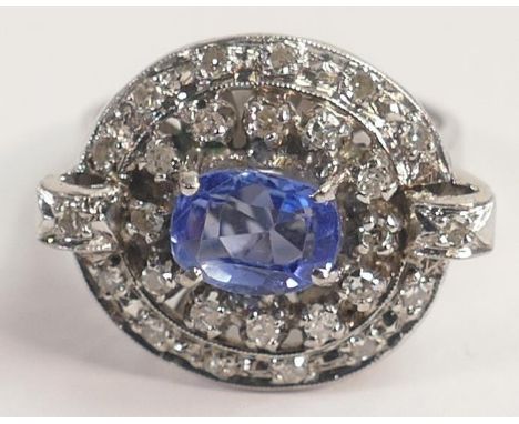 14k white gold sapphire diamond ring, centre oval sapphire (approx 1.75ct) surrounded by diamonds, size J/K, 5.6g, no hallmar