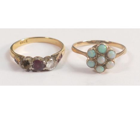 9ct gold opal set ring, together with 18ct ruby &amp; diamond ring, one diamond missing, weights 1.4g (9ct) &amp; 2.9g (18ct)