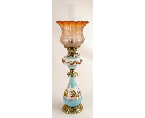 Victorian painted glass and brass oil lamp and shade. Orbis burner noted, height 62cm. 