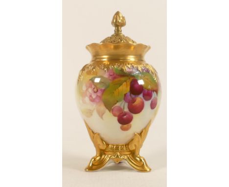 Royal Worcester vase &amp; cover, hand painted with cherries &amp; blossom, signed K Blake, puce backstamp, height 17.5cm. 