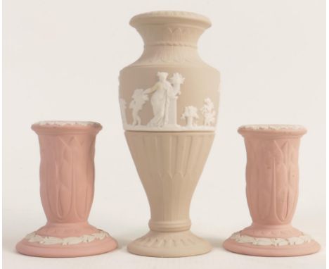 Wedgwood light taupe vase together with 2 Pink Jasper ware candlesticks, tallest 15.5cm. (3) 