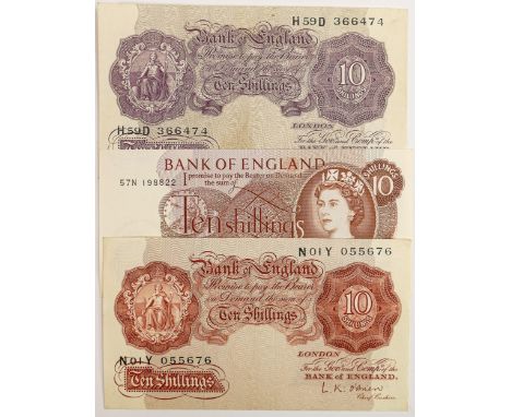 Bank of England notes, A collection of 10 shillings notes including K O Pappiatt, folded, L K O Brien, folded and J O Hollom,