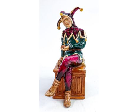 Rare Royal Doulton prototype figure of a seated Jester on a Trunk. Not for resale backstamp, circa 1980's height 28cm. 