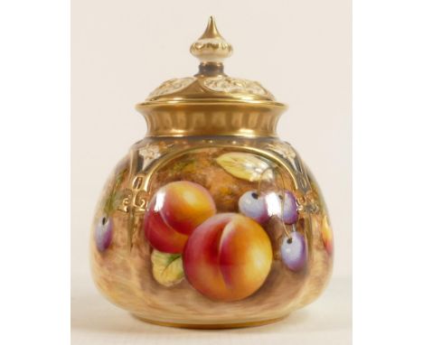 Royal Worcester vase &amp; cover hand painted with fallen fruit, signed, black backstamp, height 11.5cm, 