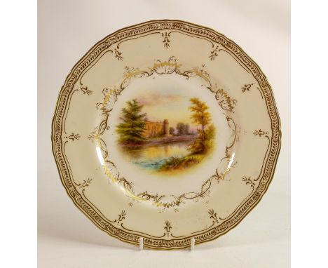 Royal Worcester plate hand painted castle scene signed R Rushton, blue marks, d27cm. 