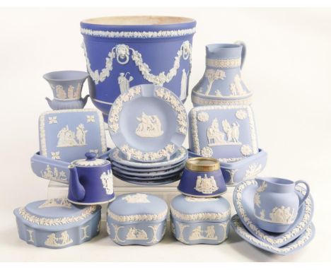 A collection of Wedgwood blue Jasper ware to include - pin dishes, lidded boxes, plates, vases, dip blue planter etc. 