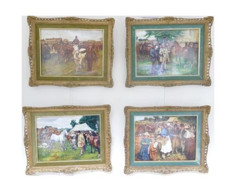 A set of four porcelain plaques, hand painted by Leighton Maybury, Travellers Horse fair scenes after Alfred Munnings, compri