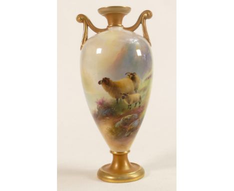 Royal Worcester twin handled vase hand painted with Highland Sheep, signed H Davis, puce backstamp, height 21cm. 