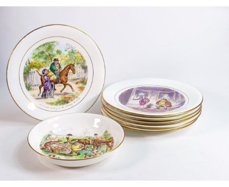 A set of Wedgwood plates, each plate depicting Jorrocks comical hunting scenes together with a bowl, retailers mark Phillips 