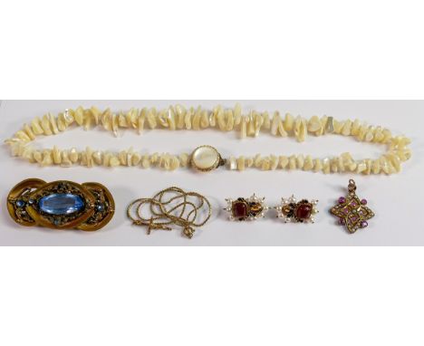 Group of jewellery including gold &amp; diamond stock / stick pin, 9ct hallmarked gold cross on gilt chain, pair gilt metal &