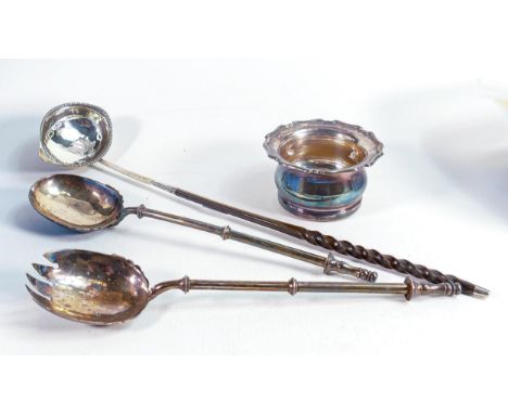Antique silver toddy ladle, silver plated spoon &amp; fork set and pot. (4) 
