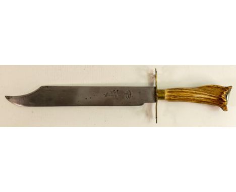 Vintage Bowie hunting knife with deer antler grip, the blade marked G Rushbrooke (Smithfield) special hand forged, L41cm. 