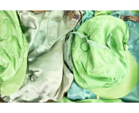 Three sets of jockey silks by R. Tyson Ltd. Dublin - one hat rider P Fitzgerald and one A Macdonnell. Wear to one hat. 
