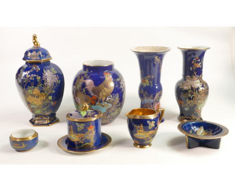 A collection of blue &amp; gilt Carltonware with floral, birds of paradise &amp; temple decoration including vases, temple va