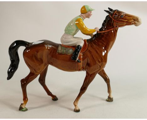 Beswick Jockey on Walking Horse 1037, jockey in yellow &amp; green colourway, on early light brown horse. 