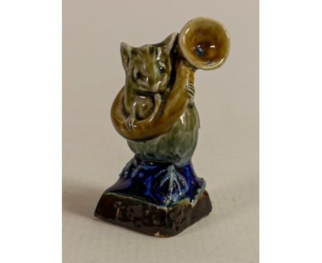 George Tinworth for Doulton Lambeth, A comical figure of a mouse playing a trombone, in a two tone brown, blue and green colo